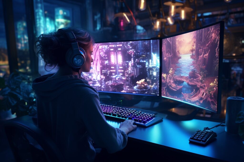 Gamer girl playing a game on two monitors.