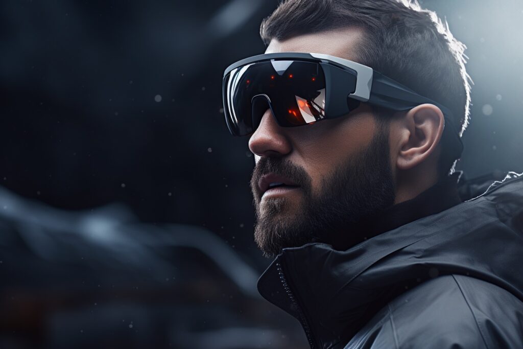 Man wearing futuristic gaming glasses.