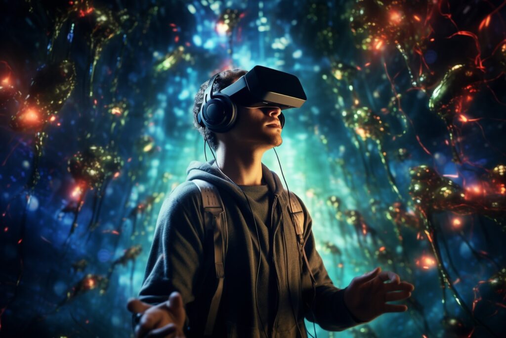 Man with virtual reality glasses playing a game.